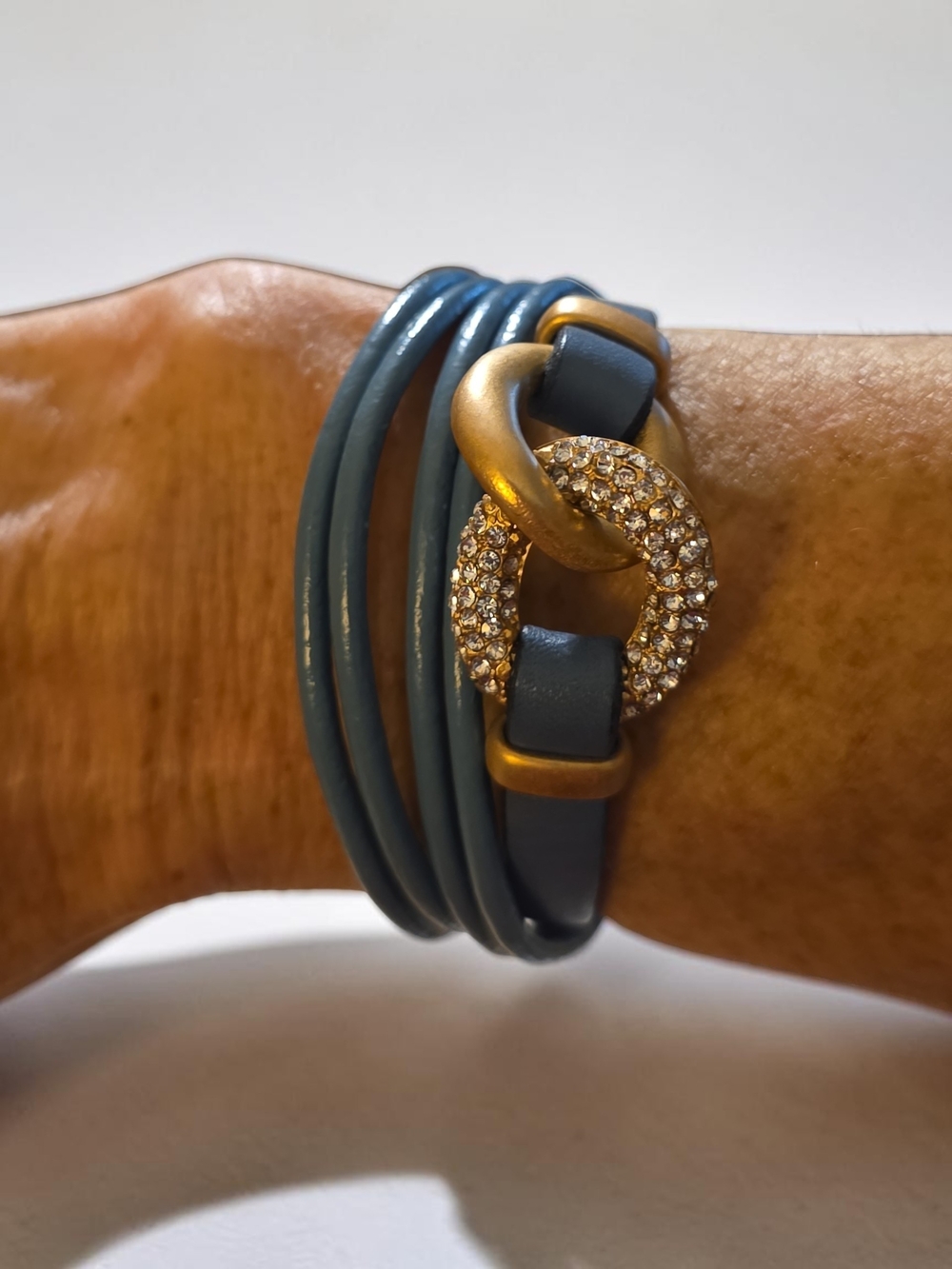 Designer-Inspired Blue Wrap Bracelet with Gold and Crystal Accents